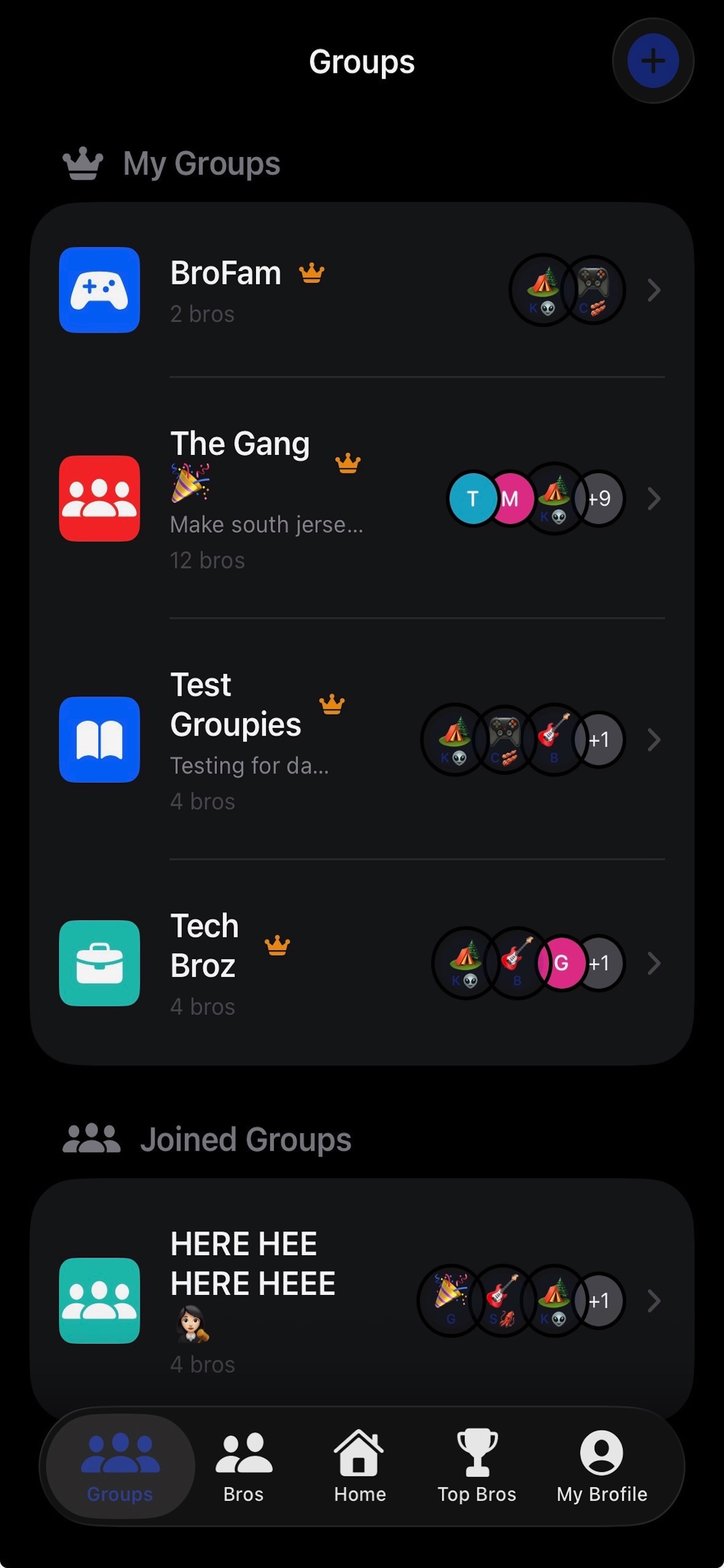 RemindaBro Groups screen showing your squads like BroFam and The Gang
